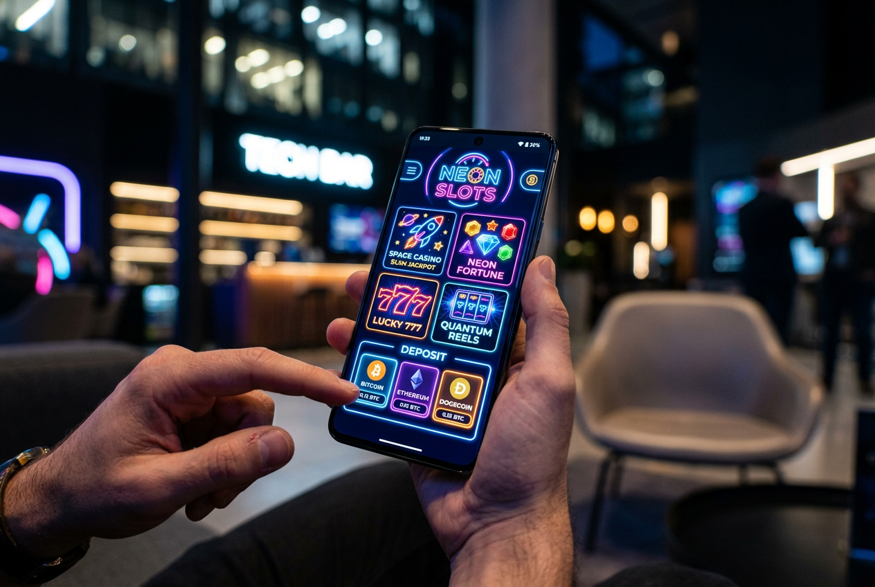 Modern online casino interface on a smartphone screen showing futuristic gambling features