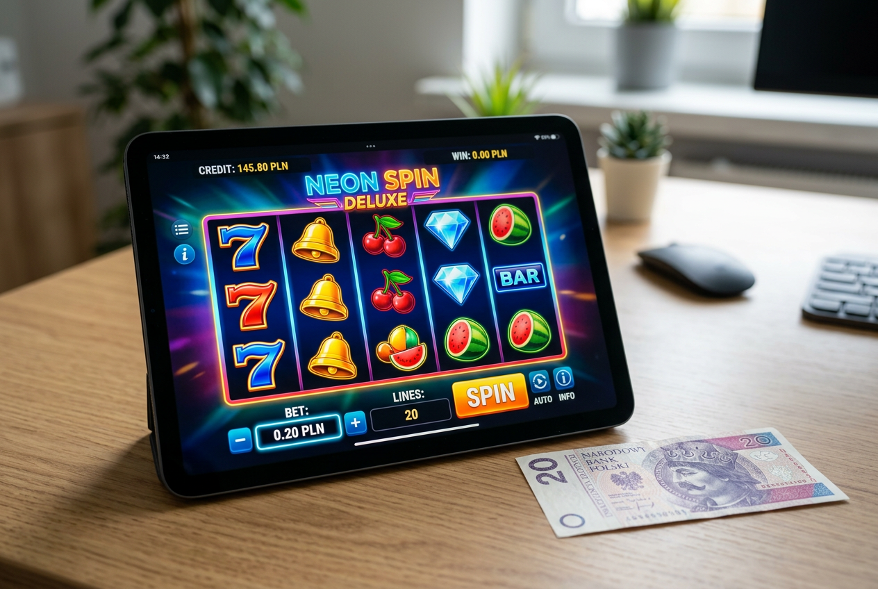 Widok slotu online na tablecie z niską stawką i polskim banknotem 20 PLN
