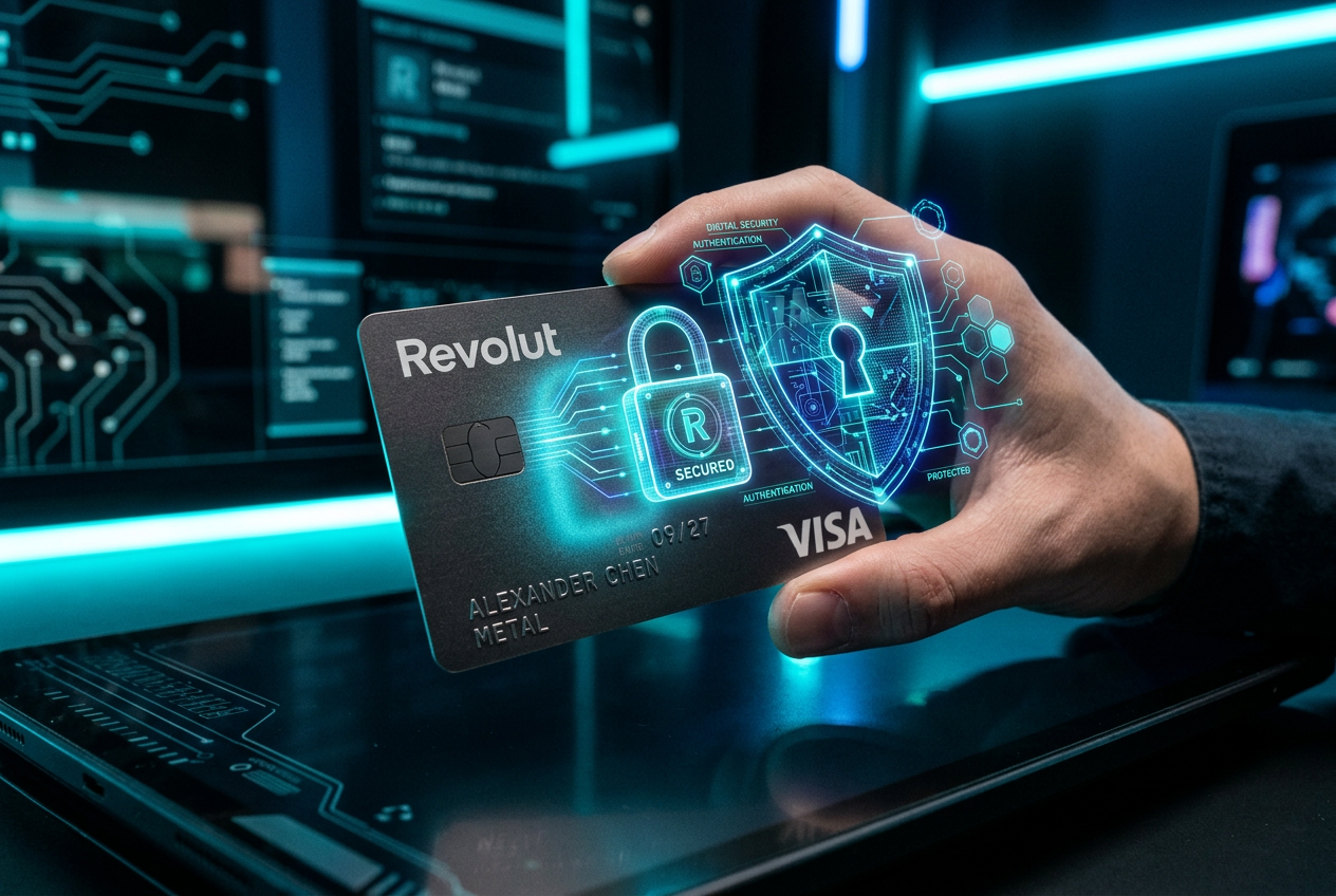 Srebrna karta Revolut Metal z cyfrową tarczą bezpieczeństwa i hologramem kłódki